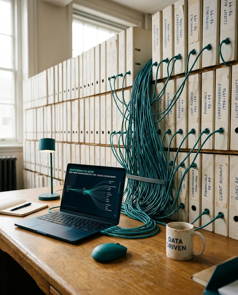 Laptop, der über viele Kabel mit einer Wand voller Aktenordner verbunden ist – Sinnbild für den KI-Zugriff auf Bestandsdaten