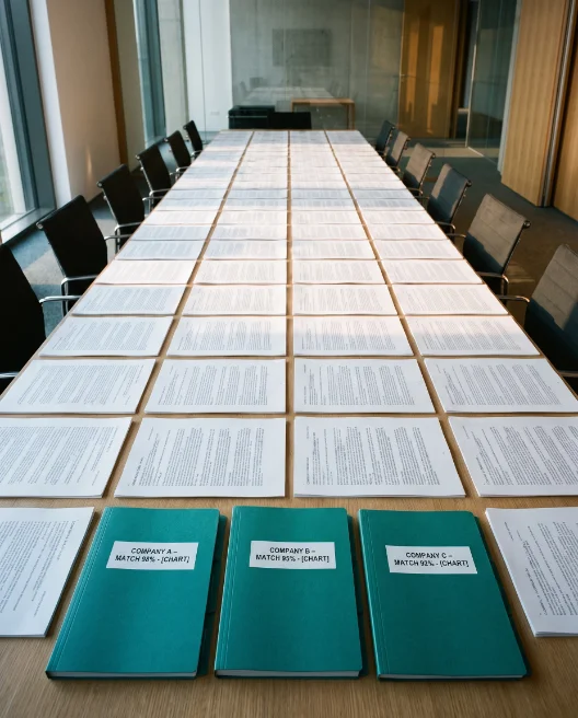 Langer Konferenztisch, lückenlos mit Dokumenten belegt; vorne drei markierte Mappen mit Trefferquoten – Sinnbild für automatisiertes Matching